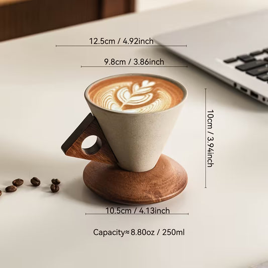 Xícara Vintage de Cerâmica com Base de Madeira - Seu café com elegância!
