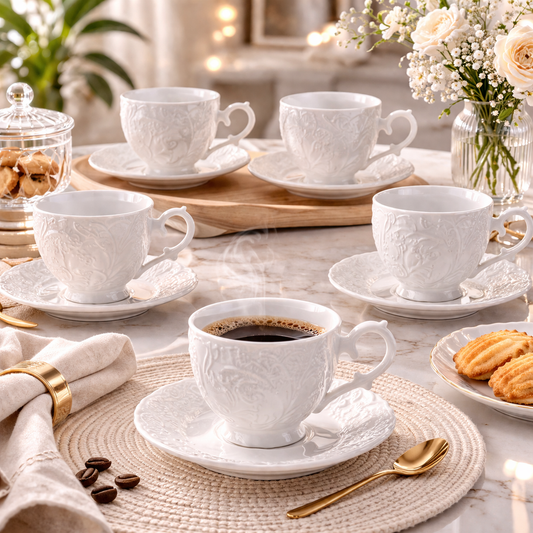 Jogo de Xícaras de Café Peças em Porcelana Branca Relevada Luxo | Kit Blanc Royal Cafeto