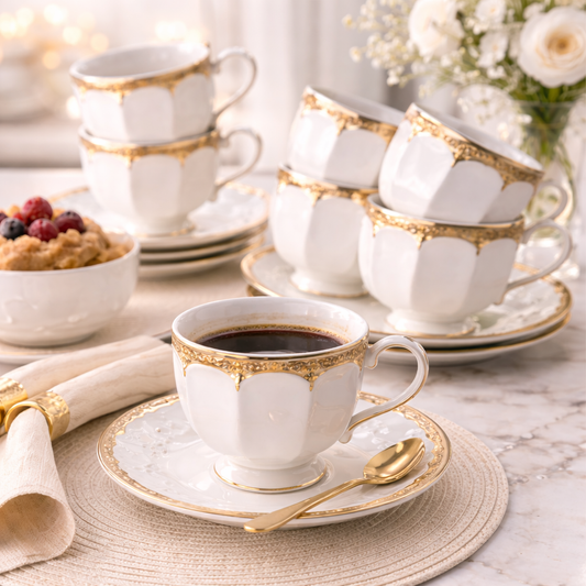 Jogo de Xícaras de Café Peças em Porcelana Branca com Dourado | Kit Luxo Elegante Cafeto