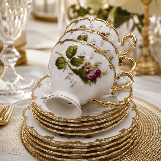 Kit Rosé Belle Époque | Jogo de Xícaras de Café Peças em Porcelana Floral com Detalhes Dourados