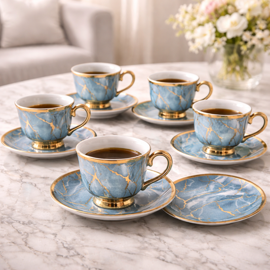 Jogo de Xícaras de Café Peças em Porcelana Azul Marmorizada com Detalhes Dourados | Kit Blue Crystal