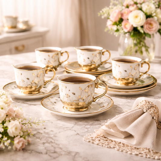 Jogo de Xícaras de Café Peças em Porcelana Floral com Detalhes Dourados | Kit Aurora Gold